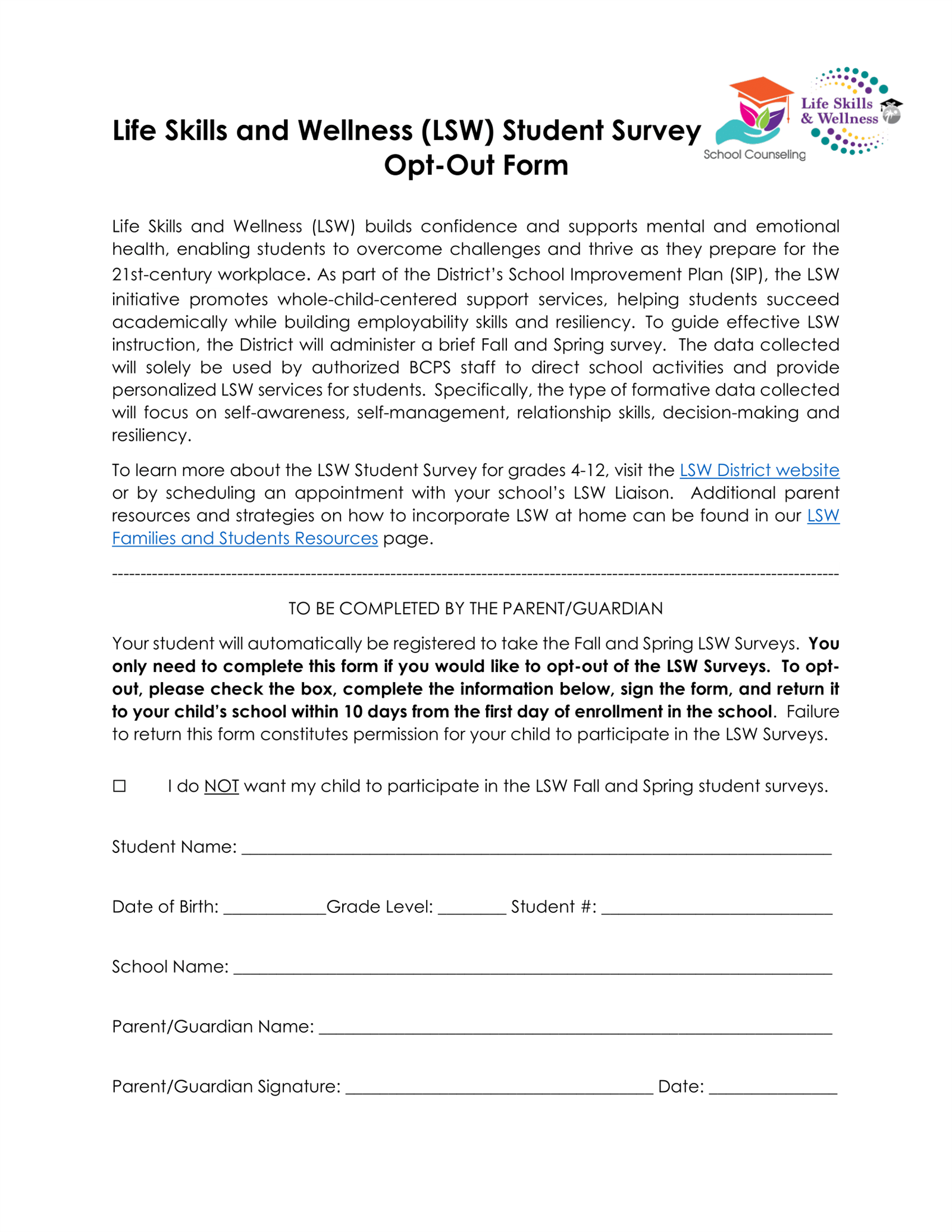  Life Skills Opt Out Form